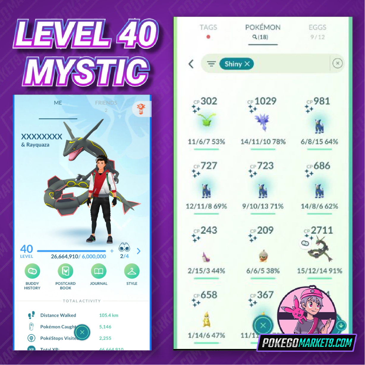 Level 40 Mystic | Shiny Rayquaza | Shiny Deino | 46 Million XP | 2.4M Dust | #BA49