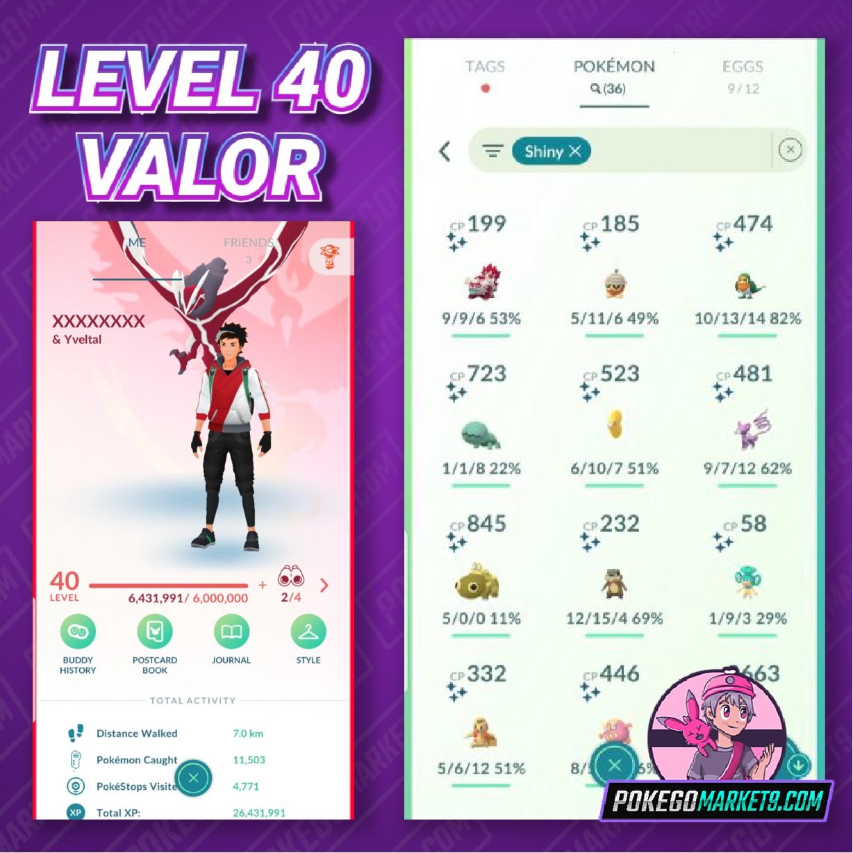 Level 40 Valor | Shiny Yveltal | can claim 17 Raid Passes | 36 Shiny | 2.1M Dust | #BA36