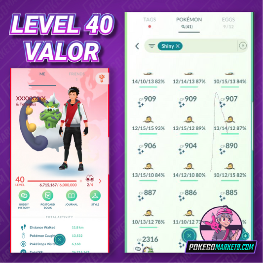 Level 40 Valor | Shiny Tornadus | can claim 8 Raid Passes | 41 Shiny | 2.4M Dust | #BA35