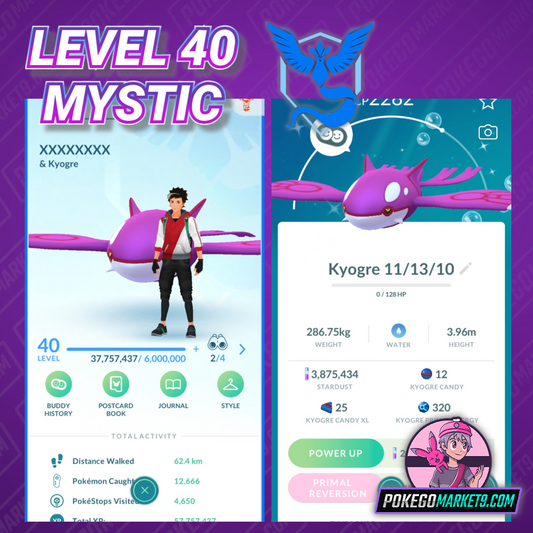 Level 40 Mystic | Shiny Kyogre | 57 Million XP | 3.8M Dust | #BA70
