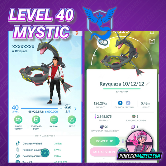 Level 40 Mystic | Shiny Rayquaza | 65 Million XP | 2.8M Dust | #BA71