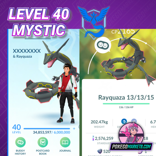 Level 40 Mystic | Shiny Rayquaza | 54 Million XP | 2.5M Dust | #BA72